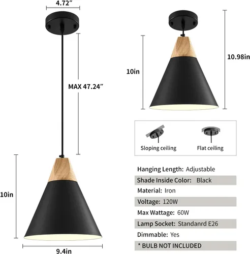 Miniatura 6 de Luz Colgante Negra Paquete de 2, 9.4 pulgadas - Luz Colgante de Estilo Rústico, Luces Colgantes Modernas, Luces Colgantes de Cocina para Oficina