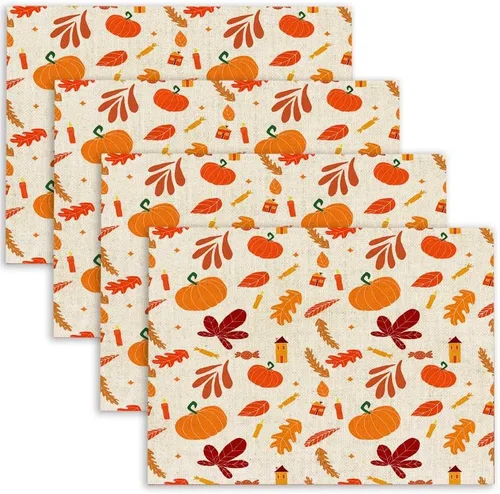 Mrcrypos Juego de 4 manteles individuales de otoño, Halloween, Acción de Gracias, fáciles de limpiar, juego de 4 manteles individuales lavables para