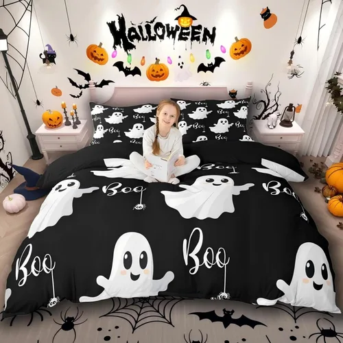 Miniatura 12 de Juego de ropa de cama de Halloween, funda de edredón gótica de murciélagos negros con telarañas, funda de edredón individual, diseño de arañas