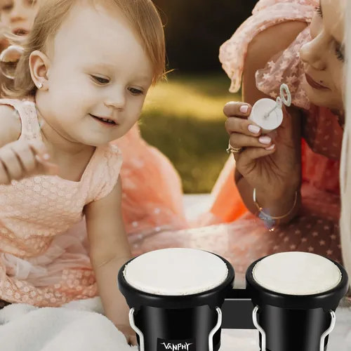 Miniatura 7 de Juego de Bongós de 4'' y 5'' para Adultos Principiantes, Bongós Naturales Afinables, Instrumentos de Percusión con Llave de Afinación y Caja