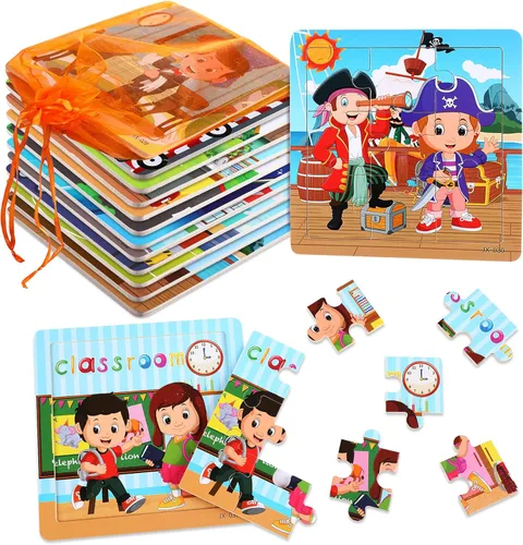 Miniatura 11 de SANNIX Paquete de 12 rompecabezas para niños pequeños, rompecabezas de animales de madera, 9 piezas con 12 bolsas organizadoras para niños de 2, 3