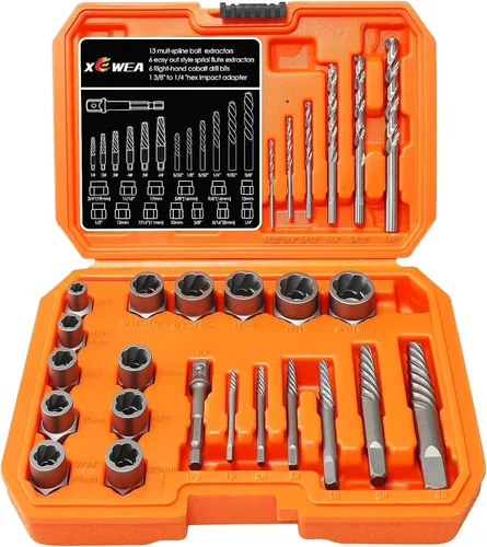 XEWEA Juego de 26 extractores de tornillos y pernos con juego de brocas derechas【con adaptador hexagonal】, herramientas de impacto fáciles de