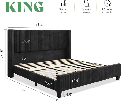 Miniatura 2 de AMERLIFE Base de cama tapizada tamaño Queen con cabecera de 50.8 pulgadas de alto, cama de plataforma con respaldo de alas con patas de madera