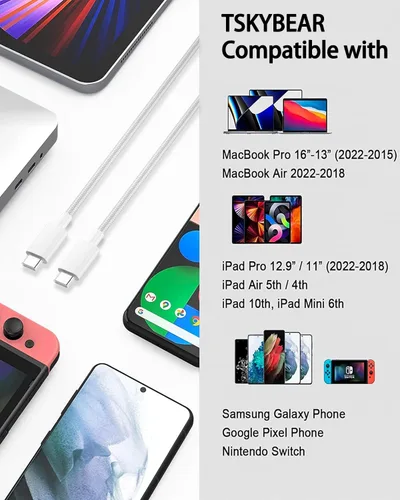 Miniatura 5 de TSKYBEAR Cable USB C a USB C – Cable de carga rápida de 100 W tipo C a C de repuesto para iPhone 15 Pro Max/Plus Samsung iPad Pro/Air/mini MacBook