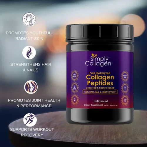Miniatura 2 de Simply Collagen® Péptidos de colágeno hidrolizados en polvo alimentados con pasto, sin sabor, tipo I y III para apoyar el cabello, la piel