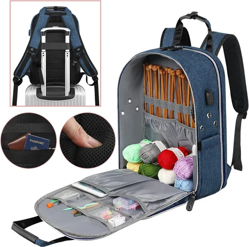 Miniatura 4 de SINVICKO Bolsa de ganchillo, mochila de tejido y organizador de bolsas con puerto de carga USB, bolsa grande de almacenamiento de hilo Azul
