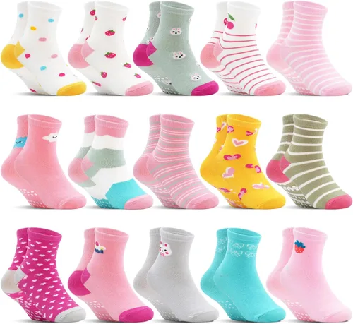 Miniatura 7 de Calcetines antideslizantes para niños pequeños, 15 pares, calcetines de agarre para niñas y niños de 0 a 7 años, calcetines suaves de dibujos