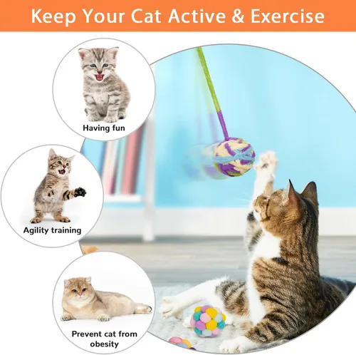 Miniatura 4 de Retro Shaw Pelotas de juguete para gatos, 6 bolas de hilo de lana para gatos con campanas en el interior, juguetes interactivos para gatos