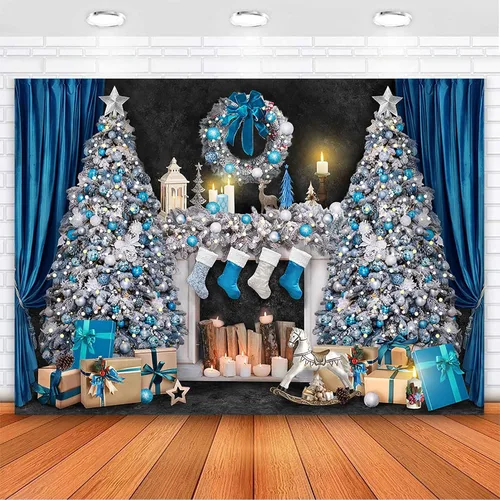Avezano Telón de fondo para chimenea de Navidad, cajas de regalo de juguetes, fondo de árbol de Navidad para fotografía, vintage, azul y blanco,