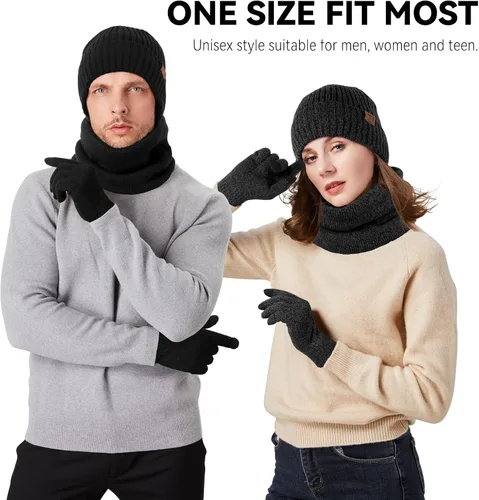 Miniatura 18 de OZERO Juego de 3 piezas de gorro de invierno y bufanda para mujeres y hombres: guantes para pantalla táctil, gorro de punto, calentador de cuello