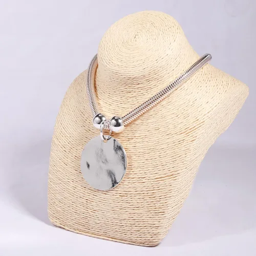 Miniatura 2 de Juego de collar de metal martillado plateado con cierre de langosta, collar de moneda de disco, collar circular grueso para mujer, joyería única
