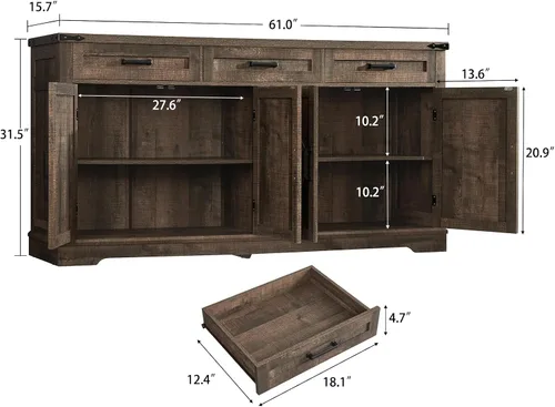 Miniatura 2 de usikey Gabinete Buffet, Aparador Buffet Grande de 63" con Almacenamiento y 3 Cajones, Barra de Café Estilo Granja con 4 Puertas, Mesa Buffet