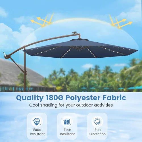 Miniatura 7 de Tangkula Sombrilla de patio de 10 pies con base incluida, sombrilla voladiza para exteriores con 40 luces LED solares, ajuste de inclinación, mango