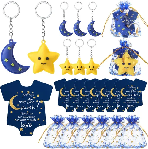 Huquary 150 piezas de regalos de fiesta de baby shower, luna estrella, llaveros Twinkle Twinkle Little Star Baby Shower Favor, tarjetas de