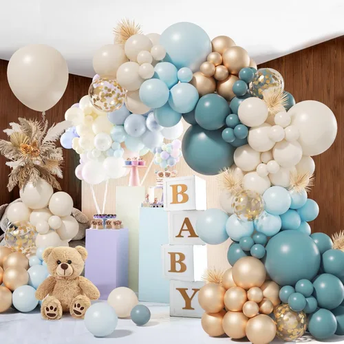 Miniatura 3 de Kit de guirnalda de arco de globos de color azul bebé polvoriento, 155 unidades, con niebla de pizarra, azul bebé, arena, blanco, dorado metálico