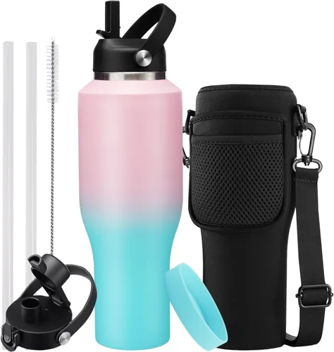 Miniatura 21 de Botella de agua de acero inoxidable de 32 onzas, frío-48 horas y caliente-24 horas, termo con popote y tapas de boquilla, bolsa, botella aislada al