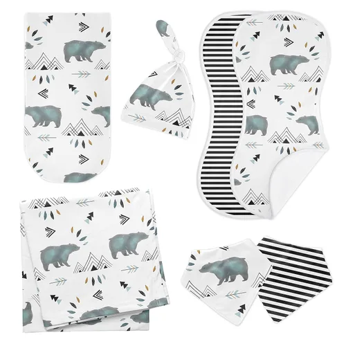 Sweet Jojo Designs Bear Mountain Boy - Juego de canastilla para bebé recién nacido, color azul pizarra y negro acuarela bosque animal - Juego de 8