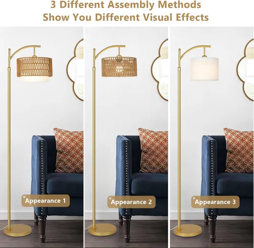 Miniatura 6 de Lámparas de pie doradas para sala de estar con control remoto y bombilla LED regulable, lámpara de pie de arco moderna con 3 temperaturas