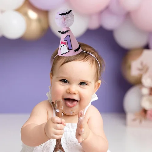 Miniatura 2 de Sombrero de fantasma rosa de Halloween para primer cumpleaños con murciélagos, corona espeluznante de un cumpleaños, bonita decoración de Halloween