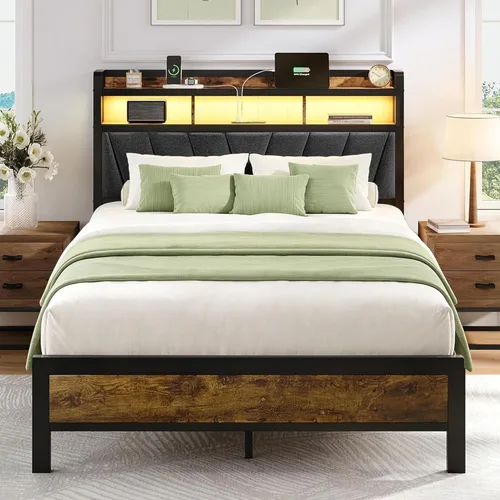 Welzona Base de cama de tamaño matrimonial con estación de carga, cama LED con cabecera de almacenamiento tapizada, sólida y estable, sin ruido, no