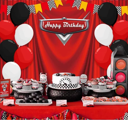 Miniatura 4 de Telón de fondo de cumpleaños de 7 x 5 pies, bandera de carreras, fondo rojo para fotografía, temática de carreras, decoración de fiesta