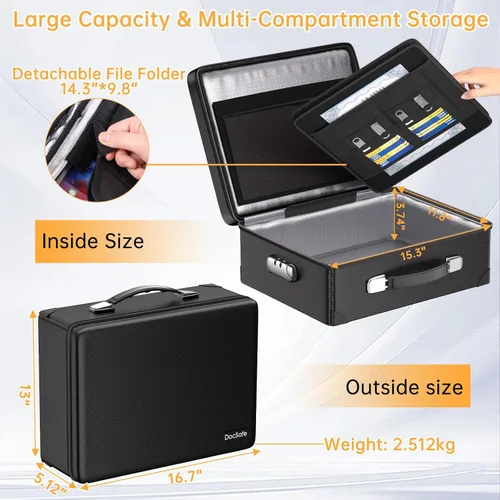 Miniatura 6 de DocSafe Caja de Documentos Ignífuga de 6400°F con Cerradura, Caja Fuerte de Caso Duro Aislada Térmicamente Ignífuga Resistente al Agua de 10 Capas