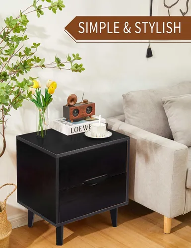 Miniatura 7 de Mesita de noche de madera con mango ranurado moderno de mediados de siglo, cajón de almacenamiento y estante, mesa auxiliar de noche, 2 cajones Negro