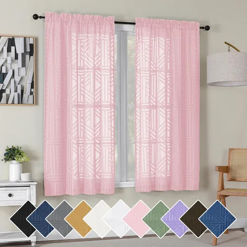 Miniatura 47 de Simplebrand Cortinas traslúcidas negras de cocina de 24 pulgadas de largo, 2 paneles, filtrado de luz, geométrico jacquard con textura, cortinas