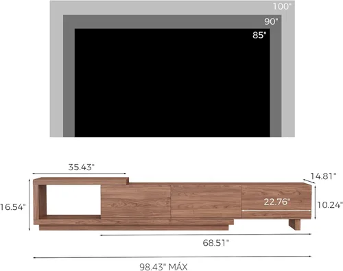 Miniatura 2 de Soporte de TV extensible para televisores de 65 a 100 pulgadas, consola de entretenimiento de nogal con 3 cajones y 1 compartimento