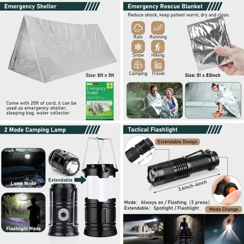 Miniatura 5 de Kit de supervivencia, 262 piezas de equipo y suministros de supervivencia con bolsa de kit de primeros auxilios y bolsa bandolera, kit de emergencia