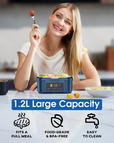 Miniatura 3 de Fiambrera eléctrica inalámbrica para adultos – Fiambrera calentada a batería con recipiente de acero inoxidable de 1.2 L, función de temporizador