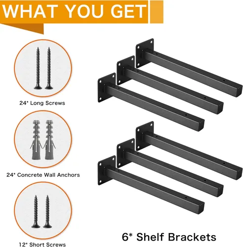 Miniatura 6 de 6 piezas soportes de estante negros de 4 pulgadas resistentes para estantes de pared de metal, soportes de estantería flotantes industriales