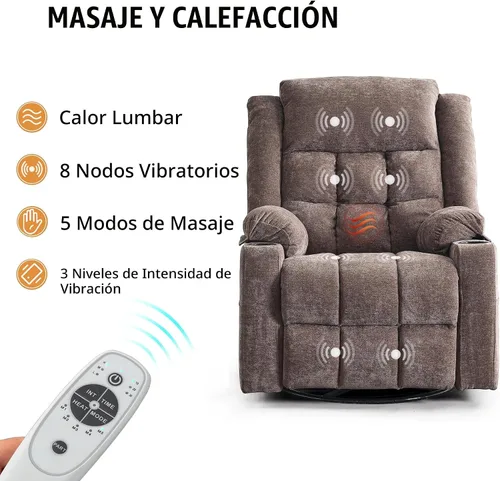 Miniatura 4 de Ketaiyou Silla reclinable giratoria eléctrica para adultos con masaje y calor, puertos USB y tipo C, posición infinita, sillón reclinable eléctrico