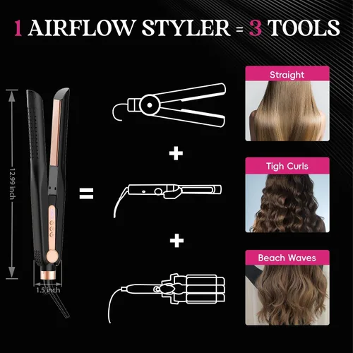 Miniatura 3 de SKIMI Airflow Styler 2.0 - Plancha plana de titanio y rizadora, 96 rejillas de ventilación de aire frío para un estilo de duración de 48 horas