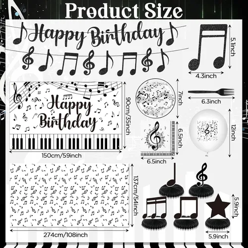 Miniatura 5 de Decoraciones de fiesta musical, nota musical negra, pancarta de feliz cumpleaños, globos, notas, platos, servilletas, mantel, mesa de nido de abeja