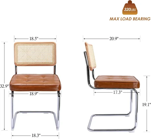 Miniatura 2 de ONEVOG Juego de 2 sillas de comedor de piel sintética, sillas de cocina modernas de mediados de siglo con respaldo de ratán natural y patas de metal