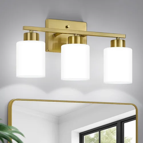 Miniatura 8 de FonmYim Lámpara de baño negra, lámpara de tocador moderna de 3 luces sobre espejo, apliques de pared con pantallas de vidrio esmerilado blanco