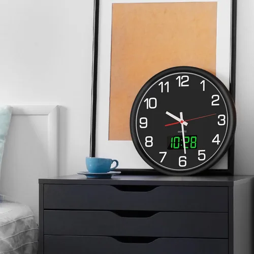 Miniatura 5 de Reloj de pared analógico de 12 pulgadas, silencioso, sin tictac, reloj de pared grande de cuarzo con LED nocturno, reloj de pared decorativo a