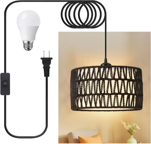 Lámpara colgante enchufable, luces colgantes de ratán con cable enchufable, pantalla tejida y de tela 2 en 1, lámpara colgante enchufable para Negro