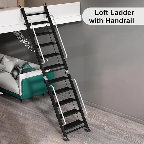 Miniatura 3 de Cama alta de metal que ahorra espacio con escalera montada en la pared, escalera de doble escalón, pies y reposabrazos antideslizantes, perfecta