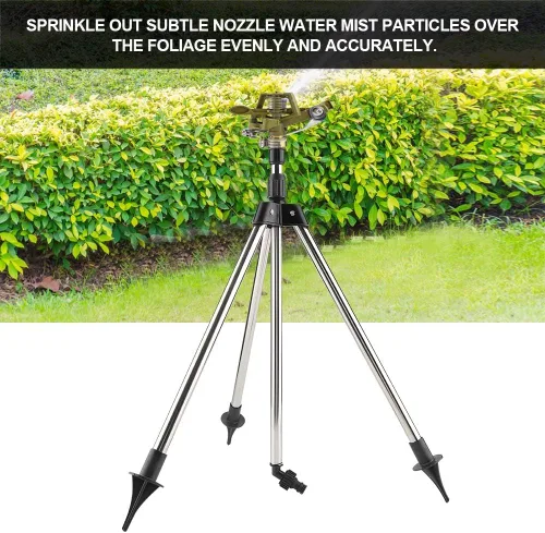 Miniatura 5 de Aspersor automático de impacto en base de trípode, rociador de césped giratorio de 360 grados, sistema de riego de jardín ajustable de acero