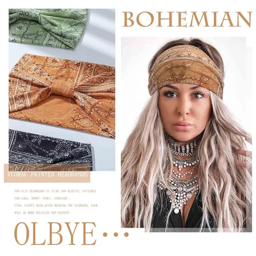 Miniatura 7 de Olbye Diademas anchas para mujer, diadema bohemia anudada, bandas elásticas antideslizantes para el cabello, diademas florales africanas, bandas