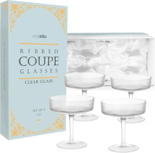 Crutello Juego de 4 copas de champán cupé, clásicas de 7 onzas, vasos de cóctel vintage acanalados para champán, martini, Manhattan, cosmopolita,