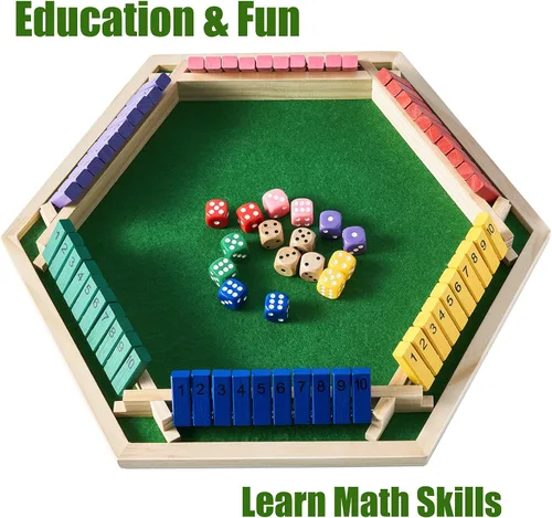 Miniatura 5 de Vamslove - Juego "Shut The Box" para 6 jugadores con 12+4 dados - Juego de mesa de madera de 6 lados colorido con números matemáticos para niños