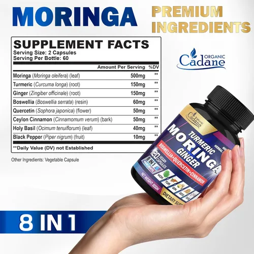 Miniatura 2 de Organic Cadane Suplemento de hoja de moringa, cúrcuma, jengibre, suministro de 2 meses, 120 cápsulas veganas
