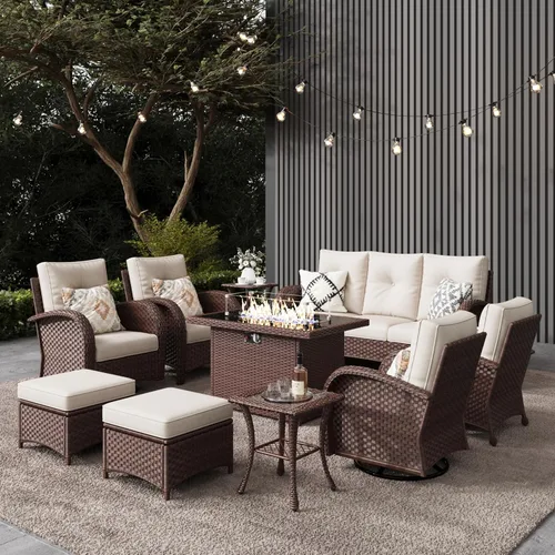 Miniatura 22 de LayinSun - Juego de 10 piezas de muebles seccionales de patio para el aire libre con mesa para fogata, juegos de sillas giratorias reclinables