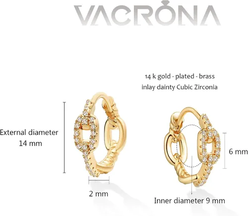Miniatura 6 de VACRONA - Aretes huggies (de presión), pequeños, livianos y simples, en forma de argollaarracada, chapados en oro de 14 quilates, con circonia