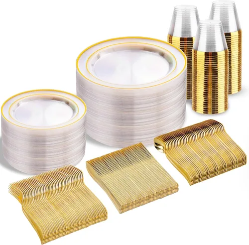 Miniatura 24 de bUCLA Juego de vajilla de plástico dorado desechable de 150 piezas, platos dorados resistentes que incluyen 25 platos de cena y 25 platos de postre