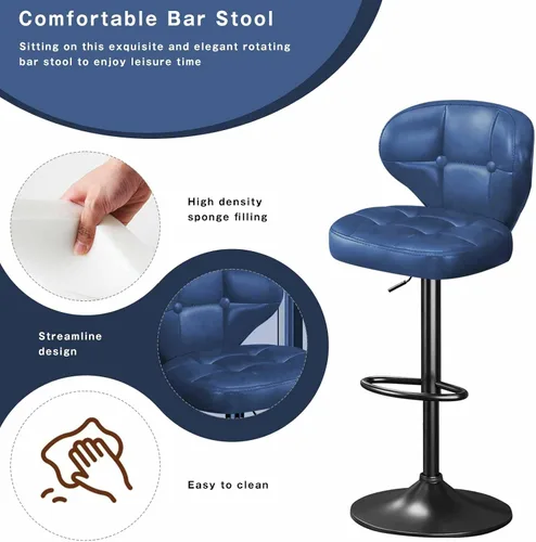 Miniatura 3 de Juego de 4 Taburetes de Bar, Sillas de Bar Giratorias Ajustables con Respaldo y Reposapiés, Modernos Taburetes de Altura de Mostrador Tapizados