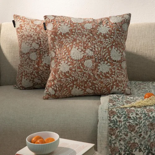 Miniatura 3 de Juego de 2 fundas de almohada decorativas de algodón indio vintage con estampado a mano (marrón ladrillo, 18 x 18 pulgadas (paquete de 2))